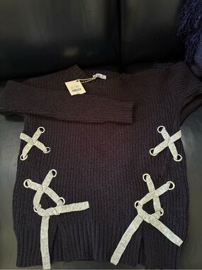 Girls Navy Blue Knit Sweater with Silver Lace-Up Rings
